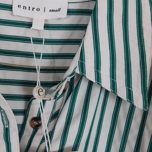 Entro Women's Green Striped Button Down Shirt